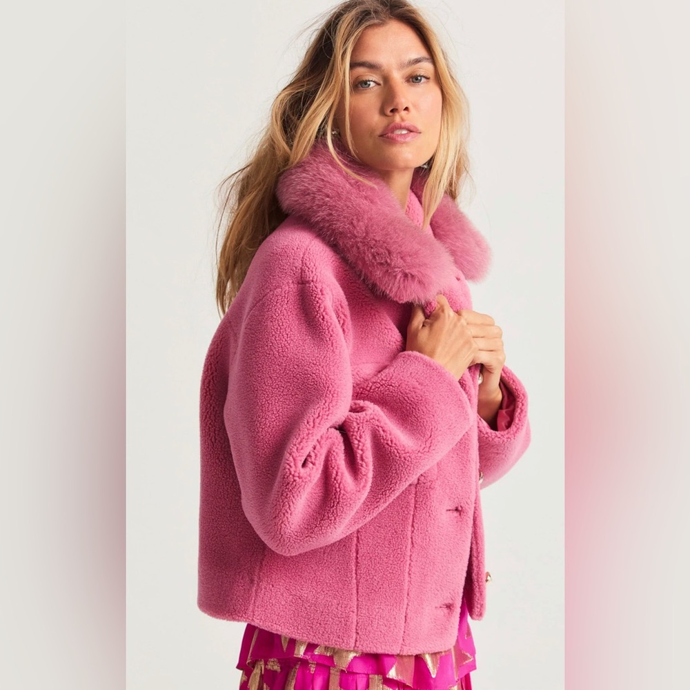 LoveShackFancy Musica Shearling Jacket with Fox Fur Collar, size Small. NWT